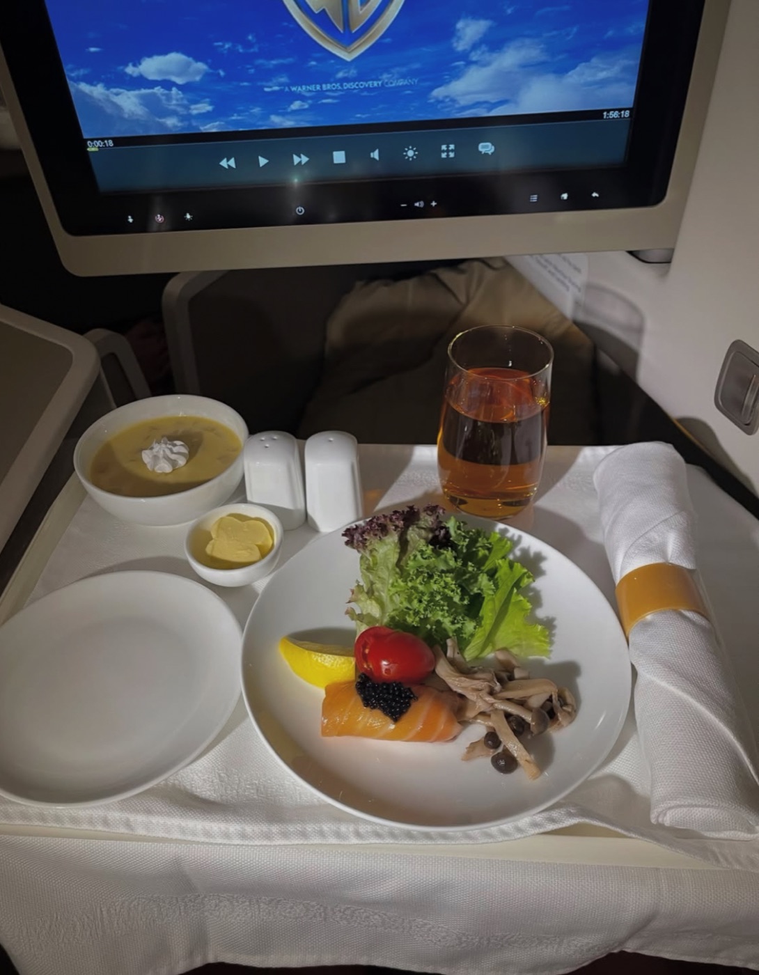 An elegant dinner served during a flight